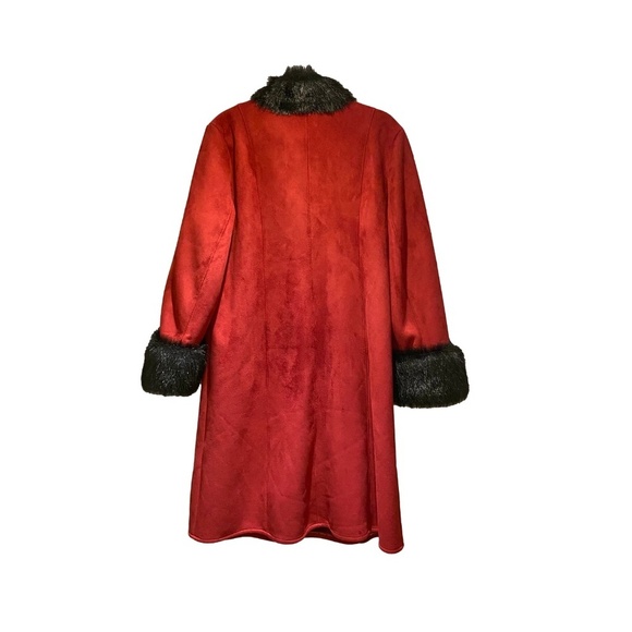 Vintage Y2K NOVELTI Red Faux Suede Faux Fur Trim Longline Penny Lane Coat L - Picture 6 of 12